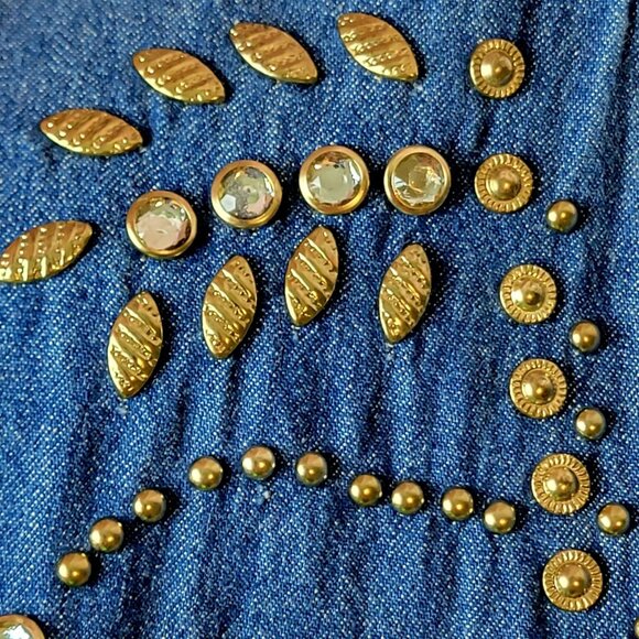 Vintage 90s Denim Midi Dress Women Medium Teacher Embellished Rhinestone 8 10 M - Picture 12 of 16